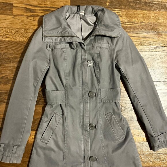 Divided H&M fitted gray twill Autumn Y2K retro vintage trench coat jacket XS 2 - Picture 2 of 9